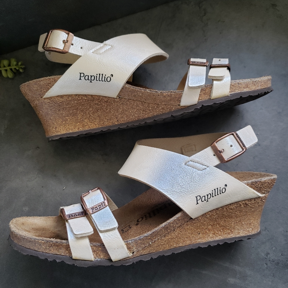Birkenstock Papillio Wedge Sandals Metallic Cream